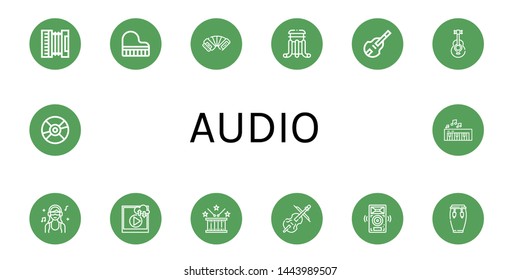 Set of audio icons such as Accordion, Grand piano, Slider, Double bass, Acoustic guitar, DJ, Video, Drum, Cello, Speakers, Conga, Compact disc, Piano , audio