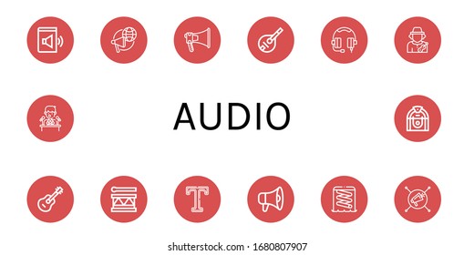 Set of audio icons. Such as Audio book, Megaphone, Mandolin, Headphone, Musician, Guitar, Drum, Type, Slider, Press conference, Jukebox , audio icons