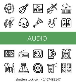Set of audio icons such as Megaphone, Dubbing, Double bass, Headphones, Play, Trumpet, Cello, Saxophone, Drum, Commandments, Disc jockey, Earphone, Radio, Slider, Turntable , audio