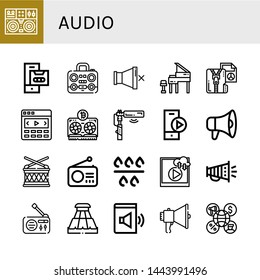 Set of audio icons such as Turntable, Cassette, Boombox, Mute, Grand piano, Compressed file, Slider, Vga, Microphone, Play button, Megaphone, Drum, Radio, Filter, Video , audio