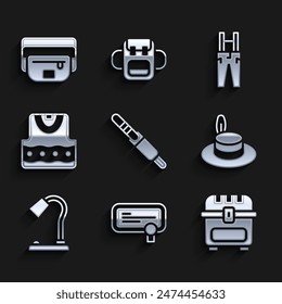 Set Audio jack, Certificate template, Antique treasure chest, Man hat, Table lamp, Waistcoat, Pants with suspenders and bag of banana icon. Vector