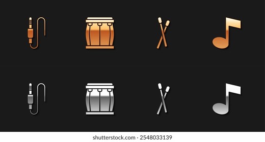 Set Audio jack, Drum, sticks and Music note, tone icon. Vector