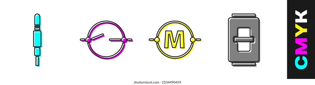 Ajuste Conector de audio, esquema de circuito eléctrico, esquema de circuito eléctrico e icono de interruptor de luz eléctrica. Vector