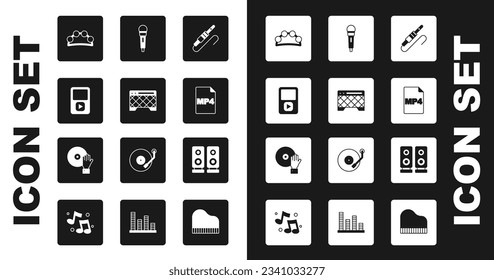Set Audio jack, Guitar amplifier, Music player, Tambourine, MP4 file document, Microphone, Stereo speaker and DJ playing music icon. Vector