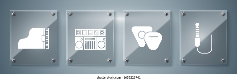 Set Audio jack, Guitar pick, DJ remote for playing and mixing music and Grand piano. Square glass panels. Vector
