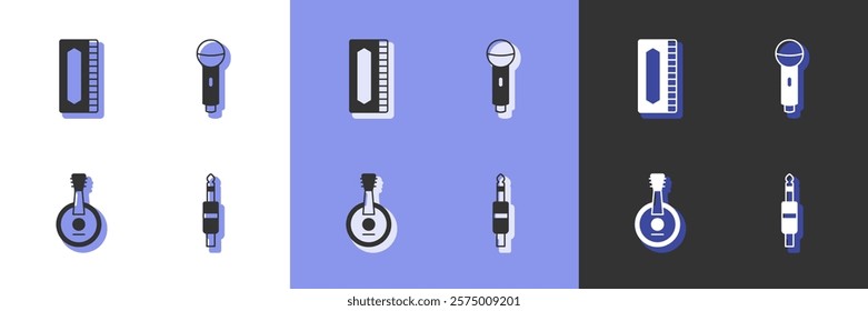 Set Audio jack, Harmonica, Banjo and Microphone icon. Vector