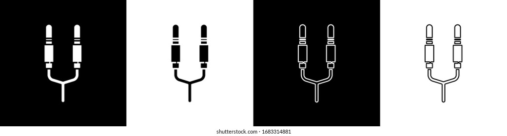 Set Audio jack icon isolated on black and white background. Audio cable for connection sound equipment. Plug wire. Musical instrument.  Vector Illustration