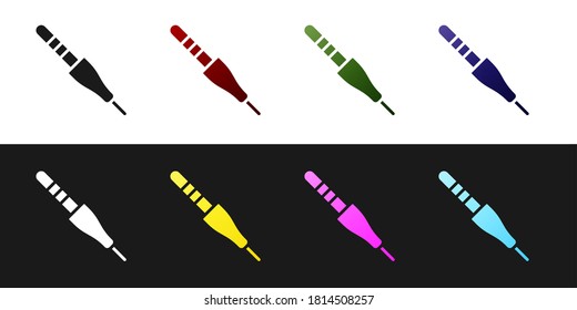 Set Audio jack icon isolated on black and white background. Audio cable for connection sound equipment. Plug wire. Musical instrument. Vector.