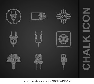 Set Audio jack, Light emitting diode, USB cable cord, Electrical outlet, plug, Processor with microcircuits CPU and  icon. Vector