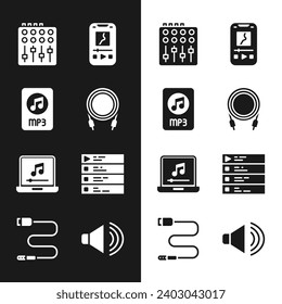 Set Audio jack, MP3 file document, Sound mixer controller, Music player, Laptop with music note, playlist, Speaker volume and  icon. Vector