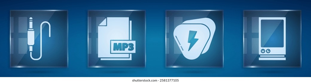 Set Audio jack, MP3 file document, Guitar pick and Voice assistant. Square glass panels. Vector