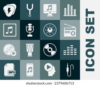 Set Audio jack, Music equalizer, Radio with antenna, Computer music note, Microphone, tone, Guitar pick and Dial knob level technology settings icon. Vector