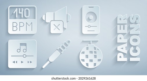 Set Audio jack, Music player, Disco ball, Speaker mute and Bitrate icon. Vector