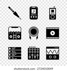 Set Audio-Buchse, Musik-Player, Wiedergabeliste, Sound-Mixer-Controller, Oszilloskop, Home Stereo mit Lautsprechern und Symbol. Vektorgrafik