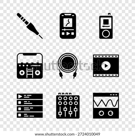 Set Audio jack, Music player, playlist, Sound mixer controller, Oscilloscope, Home stereo with speakers and  icon. Vector