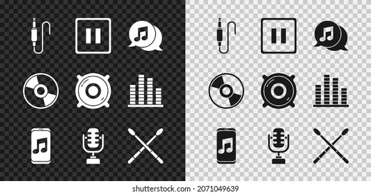 Set Audio jack, Pause button, Musical note in speech bubble, player, Microphone, Drum sticks, CD or DVD disk and Stereo speaker icon. Vector