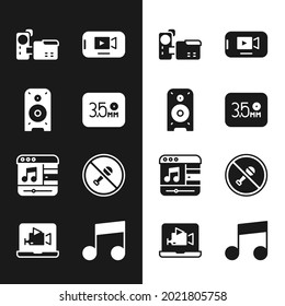 Set Audio jack, Stereo speaker, Cinema camera, Online play video, Music player, Mute microphone, note, tone and  icon. Vector