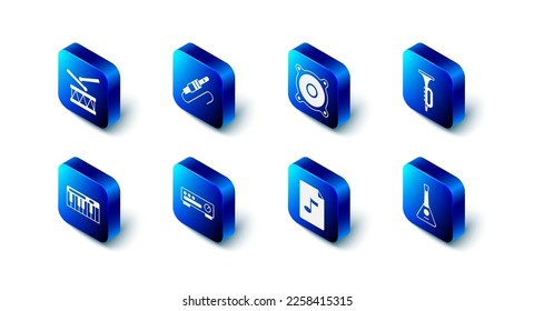 Set Audio jack, Stereo speaker, Trumpet, Balalaika, MP3 file document, Sound mixer controller, Music synthesizer and Drum with drum sticks icon. Vector