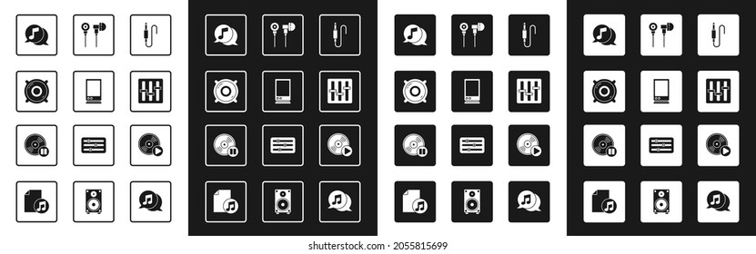 Set Audio jack, Voice assistant, Stereo speaker, Musical note in speech bubble, Sound mixer controller, Air headphones, Vinyl disk and  icon. Vector