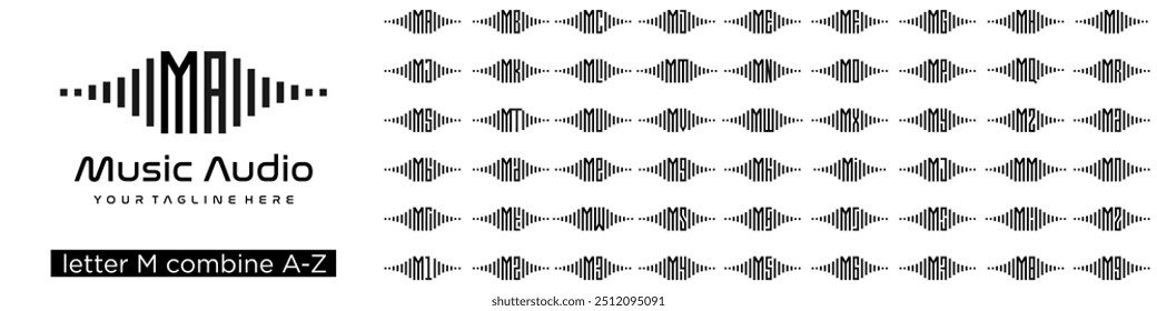 conjunto de diseño de logotipo de audio combinado letra M con A a Z y números del 1 al 9. Ilustración vectorial