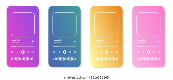 Conjunto de Plantillas de interfaz de reproductor de audio con marco de portada de álbum, barra de progreso deslizante y diferentes Botones aislados sobre fondo blanco. Widgets del App del reproductor de audio. Ilustración vectorial.