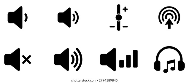 Set of audio and sound control icons including volume, mute, sound waves, equalizer, and headphones with music note on transparent background
