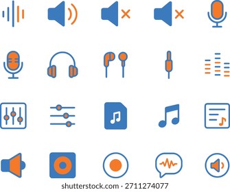 Conjunto de iconos vectoriales de audio y sonido con varios controles de volumen, micrófonos y auriculares sobre fondo blanco