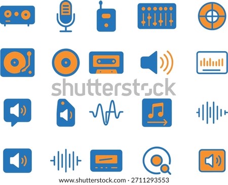 Set of audio and sound vector icons in modern flat style for web and graphic design UI or UX Kit