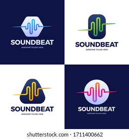 Set Audio Sound Wave logo template stock vector design. Line abstract music technology logotype. Digital element emblem, graphic signal waveform, curve, volume and equalizer. Vector illustration.