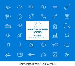 Set of Audio and Sound white icons in line