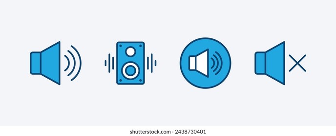 Set of audio speaker icon. Containing volume, sound, mute, unmute, loud, loudspeaker, and music button for app and website. Vector illustration