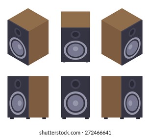 Set of the audio speakers. The objects are isolated against the white background and shown from different sides