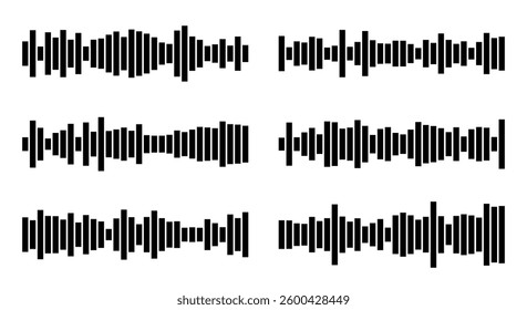 Set of audio tracks with variable frequencies. wave Sound signal with high low frequency amplitudes. Simple black and white vector isolated on white background