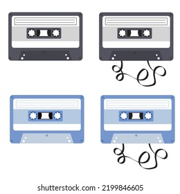 Set Of Audio Or Video Cassette Tape.Music Record.Old Music Techonolgy.80s Disco.Motivation Mix.Vintage Object.Sign, Symbol, Icon Or Logo Isolated.Flat Design.Clipart.Cartoon Vector Illustration.