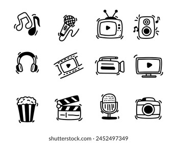 Set of audio and video doodles with black and white color. Cute hand-drawn video and audio vector elements