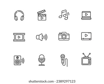 Set of audio and video icons in line style on a white background