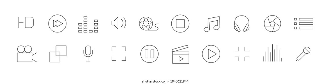 Set of audio and video line icons. Premium pack of signs in trendy style. Pixel perfect objects for UI, apps and web. 