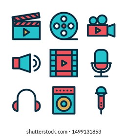 Set of audio and video linear color icon.