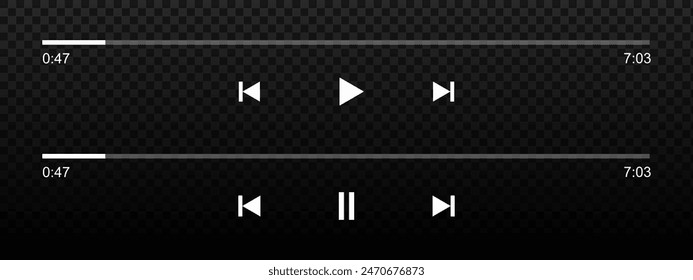 Set of audio or video media player loading bars with time slider, play and pause, rewind and fast forward buttons. Audiobook, podcast, online radio playback panel interface. Vector illustration.