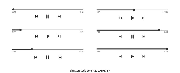 Set of audio or video player progress loading bars with time slider, play and pause, rewind and fast forward buttons. Templates of mediaplayer playback panel interface. Vector graphic illustration