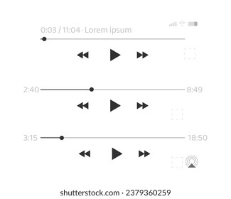 Set audio or video player progress loading bars with time slider, play and pause, rewind and fast forward buttons. Templates of media player playback panel interface. Vector illustration