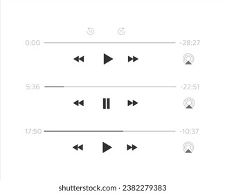 Set audio or video player progress loading bars with time slider, play and pause, rewind and fast forward buttons. Templates of media player playback panel interface. Vector illustration