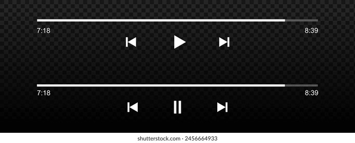 Set of audio or video player progress loading bars with time slider, play and pause, rewind and fast forward buttons. MP3, podcast or audiobook playback panel interface. Vector graphic illustration.