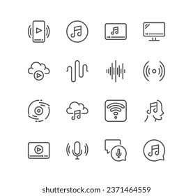 Set of audio and video related icons, cloud music, waveform, file audio, voice, record player, social stream and linear variety vectors.