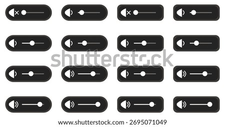 Set of audio volume slider icons. Mute, low, medium, and high sound levels. Flat elements for media player. Vector illustration.