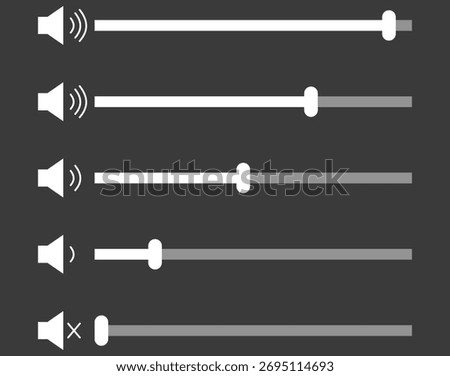 Set of audio volume slider icons. Mute, low, medium, and high sound levels. Flat elements for media player. Vector illustration.