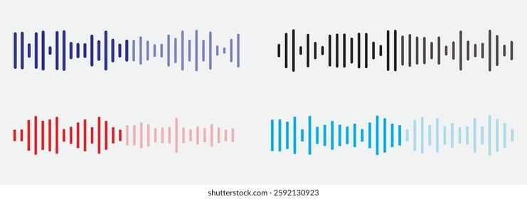 set of audio waveforms or sound waves, speech, noise or music symbol vector illustration 