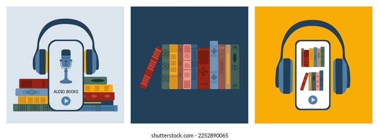 Set of audiobooks. Online application or media player for listening to digital literature. Internet bookstore, virtual education. Vector illustration isolated on colored background. Flat style.