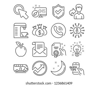 Set of Audit, Bus tour and Click here icons. Education, Idea and Certificate signs. Mail newsletter, Coffee machine and Check investment symbols. Arrow graph, Transport, Push button. Vector