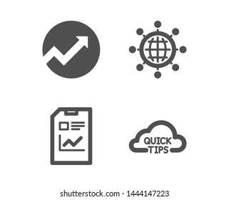 Set of Audit, International globe and Report document icons. Quick tips sign. Arrow graph, World networking, Statistics file. Helpful tricks.  Classic design audit icon. Flat design. Vector